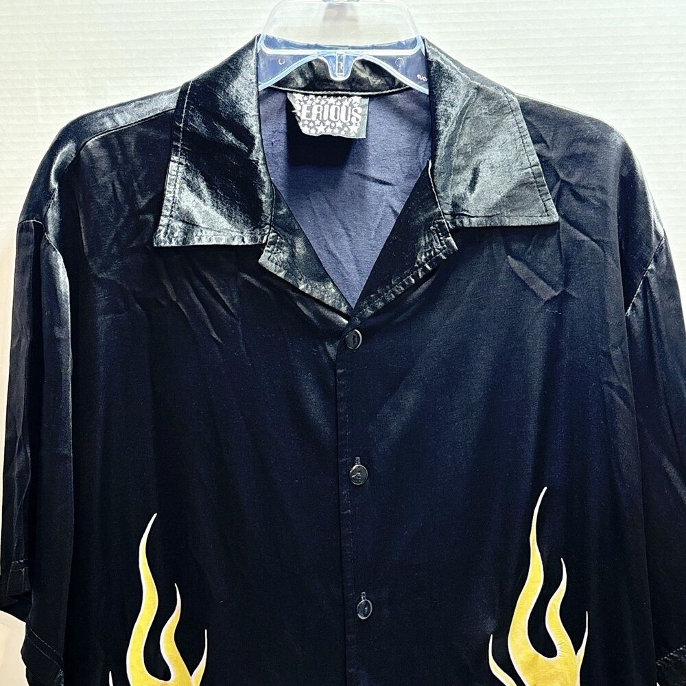 VTG Serious Clothing LA Y2K Flame Panel Bowling Shirt XL Mall Goth Hot Rod Satin - Picture 2 of 9